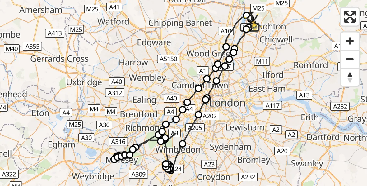 Flight route map: Police Helicopter to Sewardstonebury, Blind Lane