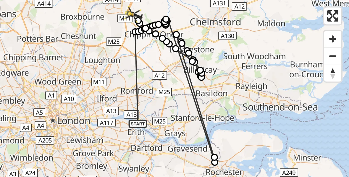 Flight route map: Police Helicopter to Magdalen Laver, Hastingwood Road