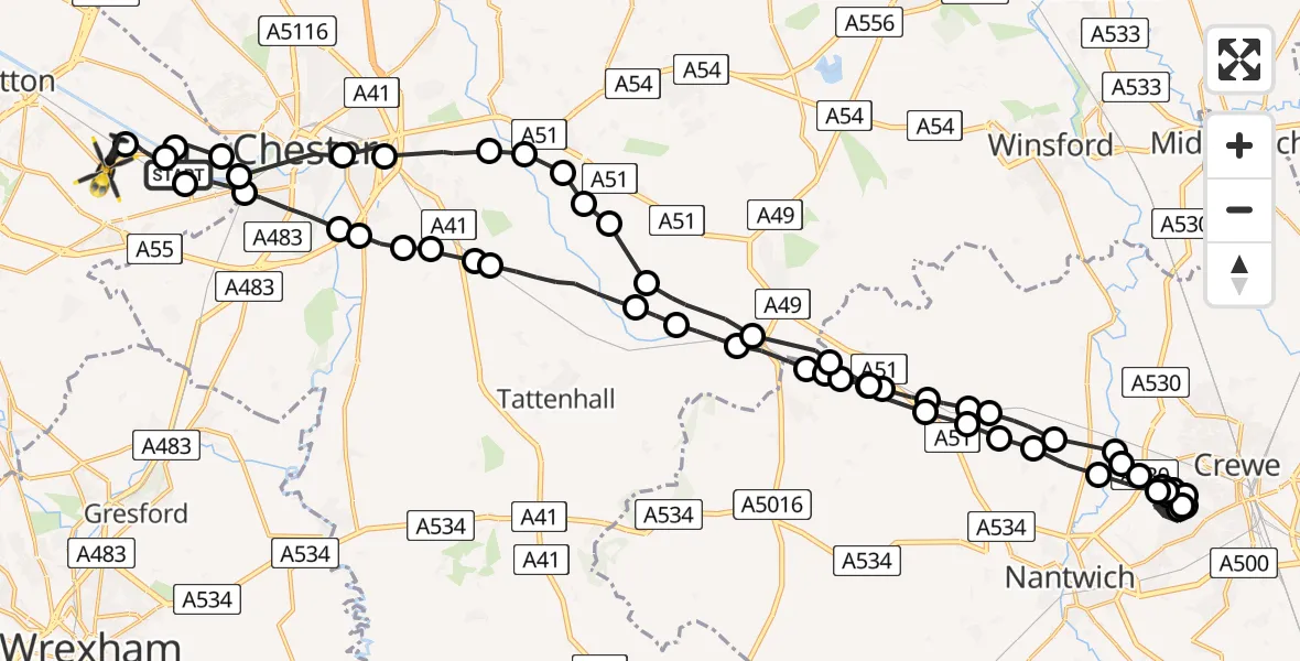 Flight route map: Police Helicopter to Sandycroft, B5129