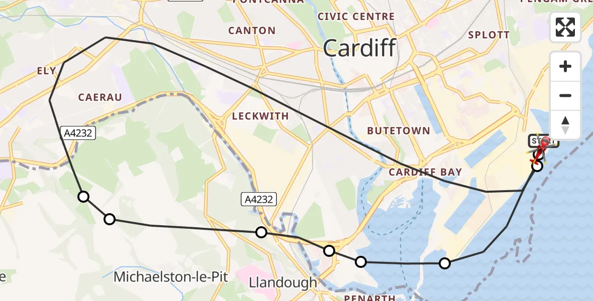 Flight path map showing Air Ambulance Helicopter route from Cardiff Heliport to Cardiff Heliport