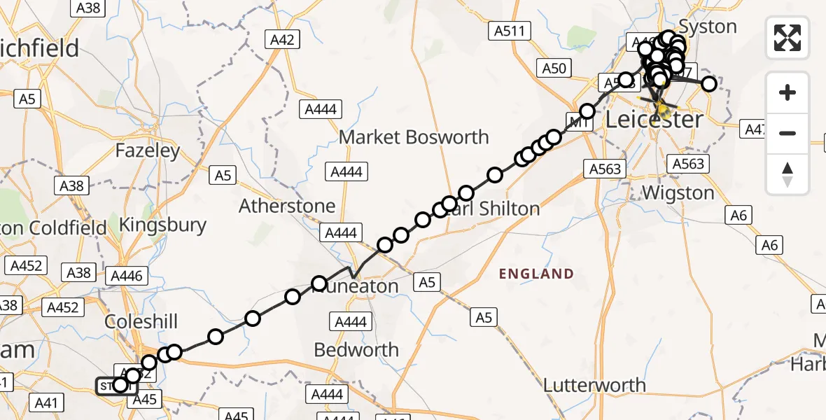 Flight route map: Police Helicopter to Leicester, Dishley Lane