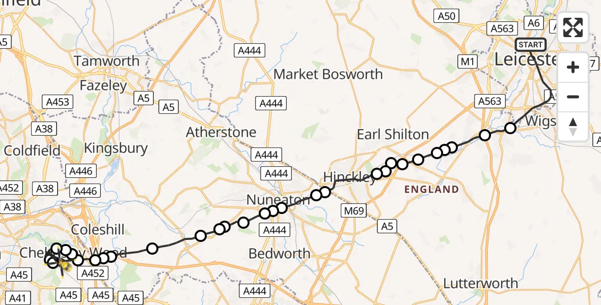 Flight route map: Police Helicopter to Tile Cross, Shrewley Crescent