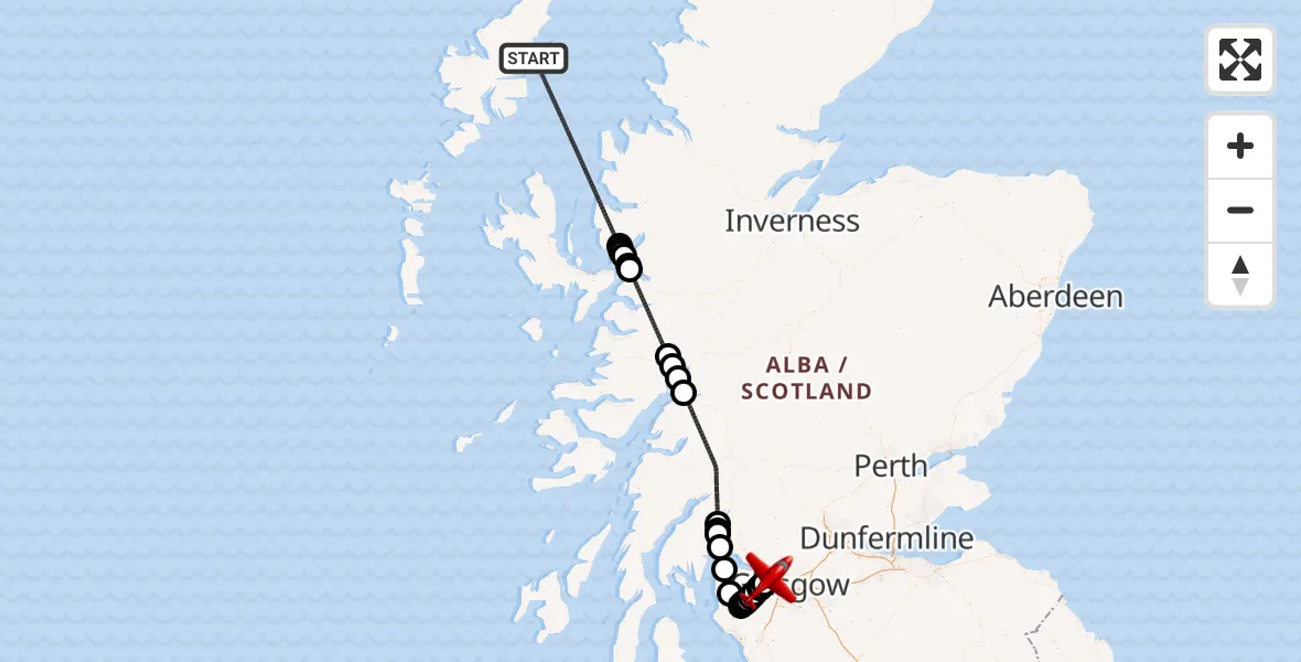 Flight path map showing Air Ambulance Aircraft route from Inner Seas to Glasgow Airport