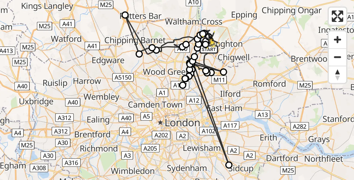Flight route map: Police Helicopter to Sewardstonebury, Bury Road