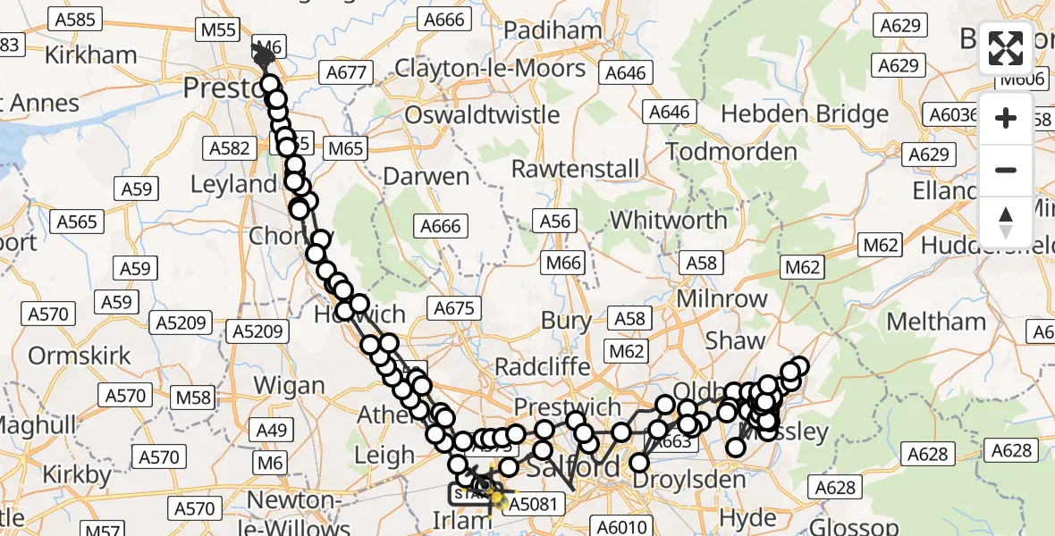 Flight path map showing Police Helicopter route from Irlam to Manchester Barton Aerodrome