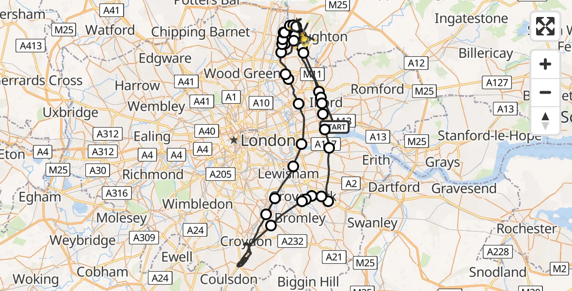 Flight route map: Police Helicopter to Metropolitan Police Air Support Unit Lippitts Hill, Metropolitan Police Air Support Unit Lippitts Hill