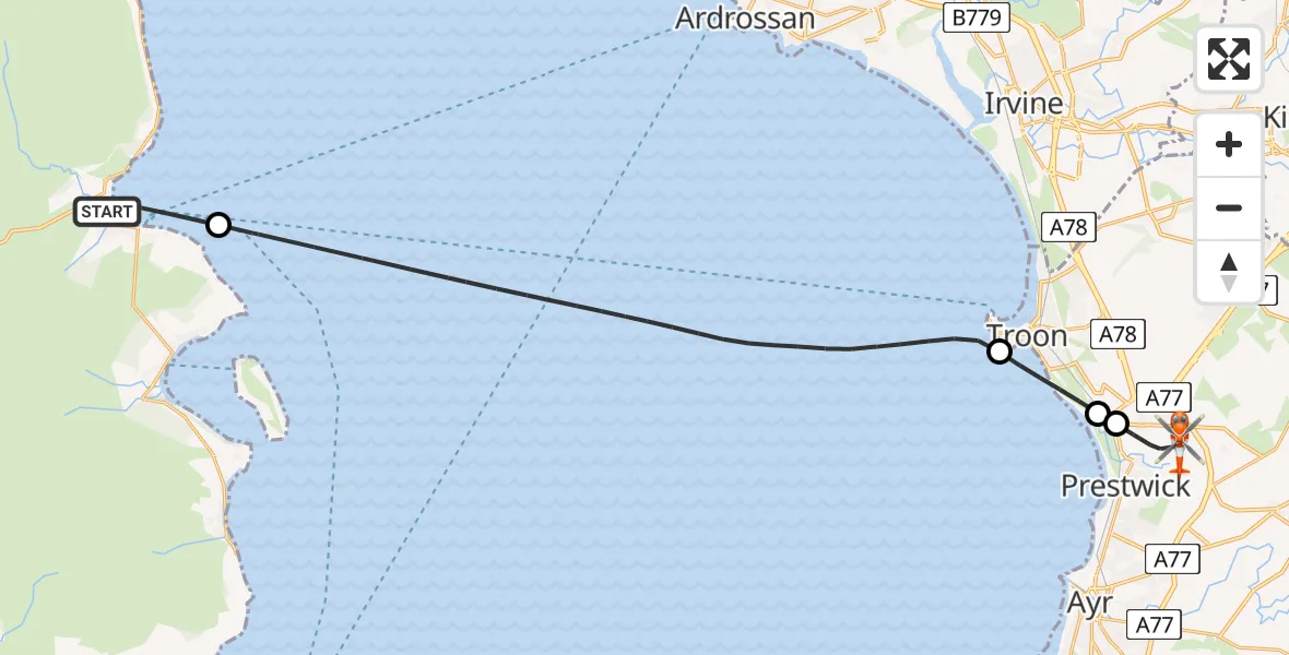 Flight route map: Coastguard Helicopter to Glasgow Prestwick Airport, Glasgow Prestwick Airport