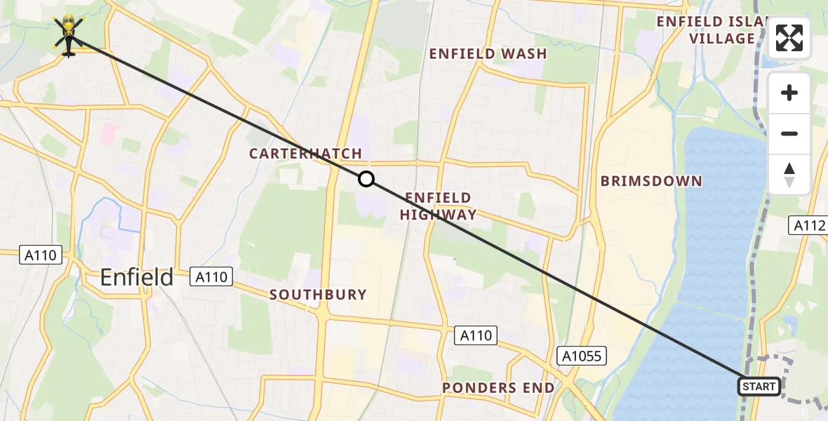 Flight path map showing Police Helicopter route from London Borough of Waltham Forest to London Borough of Enfield