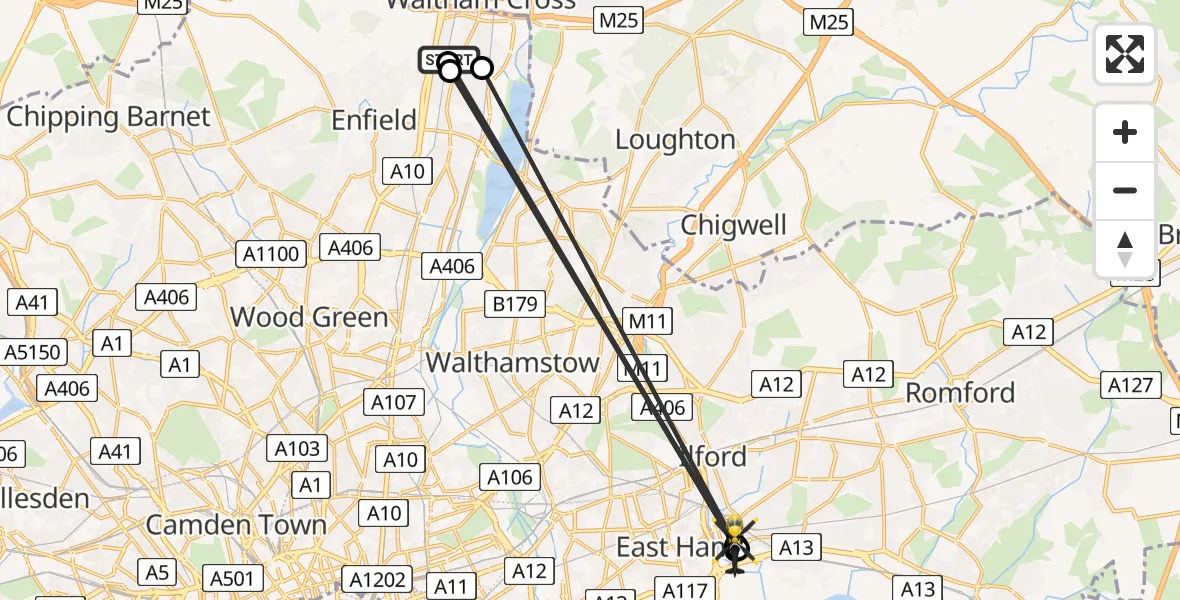 Routekaart van de vlucht: Police Helicopter to Barking, Gascoigne Road