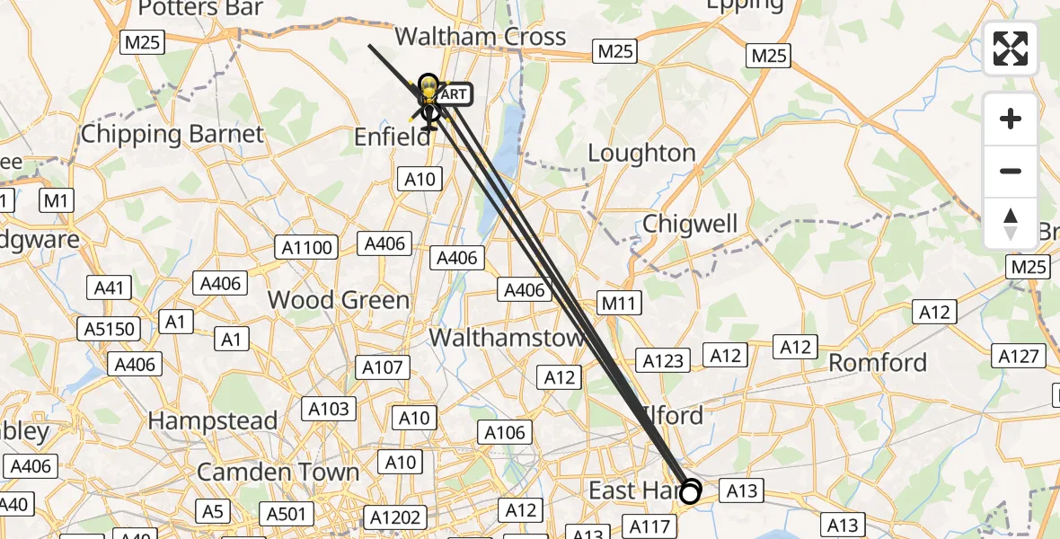 Flight path map showing Police Helicopter route from London Borough of Enfield to London Borough of Enfield
