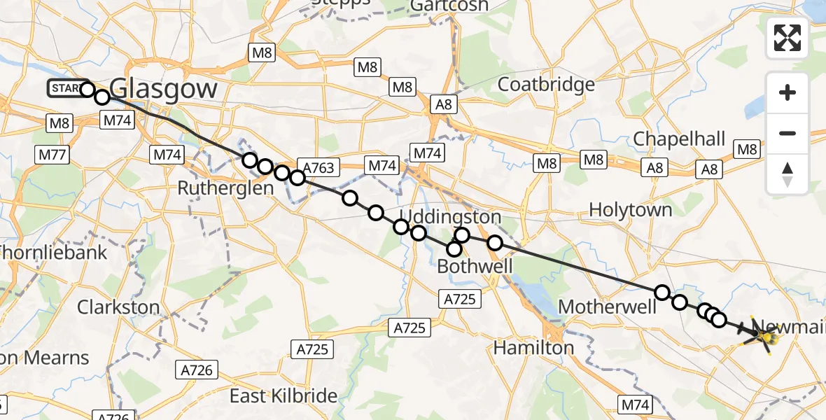 Flight route map: Police Helicopter to Wishaw, Thrashbush Road