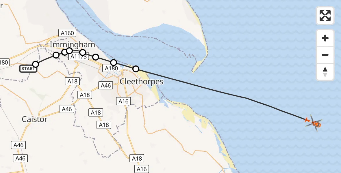 Flight route map: Coastguard Helicopter to North Sea, North Sea