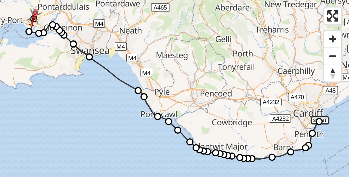 Flight route map: Air Ambulance Helicopter to Felinfoel, Penygaer Road