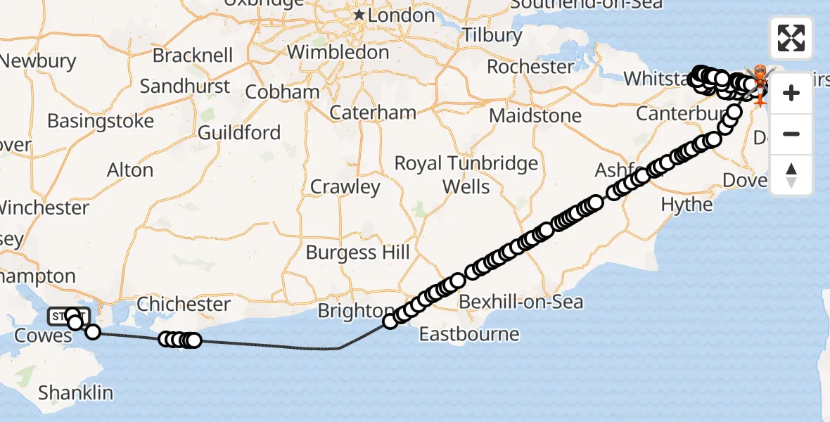 Flight route map: Coastguard Helicopter to Manston Airport, Manston Airport