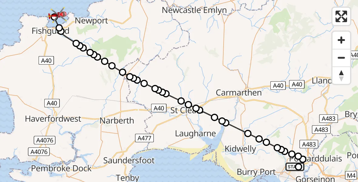 Routekaart van de vlucht: Air Ambulance Helicopter to Fishguard, Fishguard