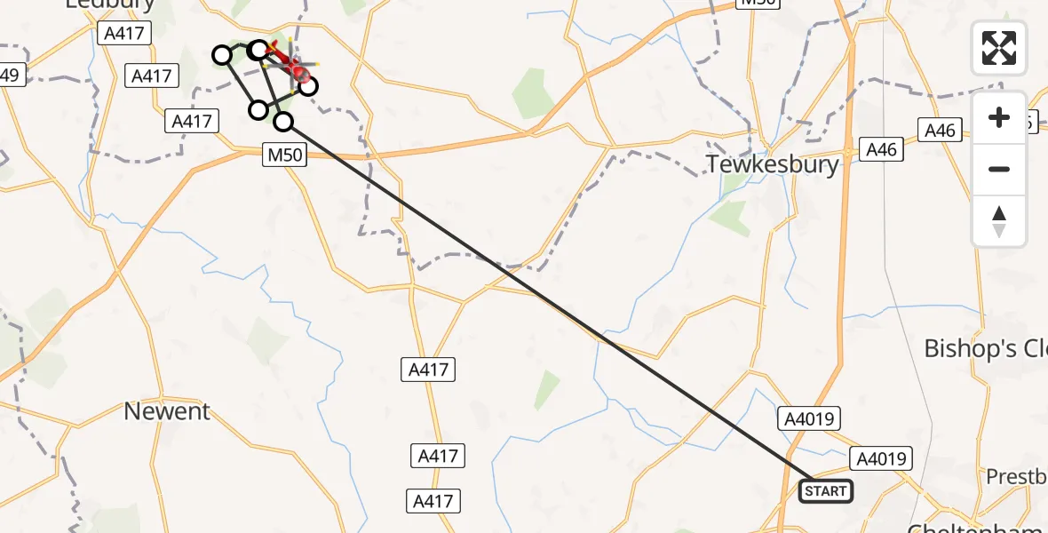 Flight path map showing Air Ambulance Helicopter route from Tewkesbury to Forest of Dean