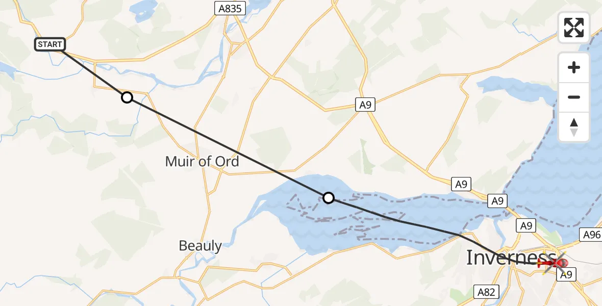 Flight route map: Air Ambulance Helicopter to Inverness, Woodside Terrace