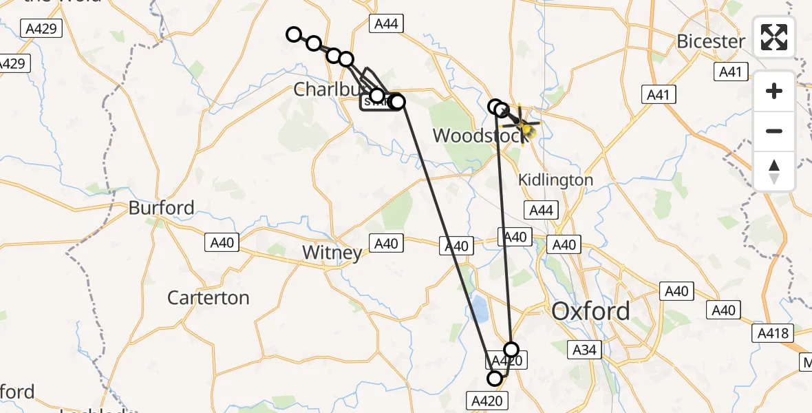 Flight route map: Police Helicopter to Shipton-on-Cherwell, Upper Campsfield Road