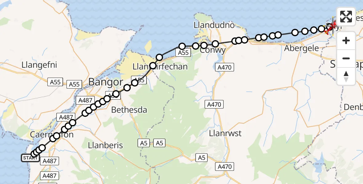 Flight route map: Air Ambulance Helicopter to Rhyl, Aquarium Street