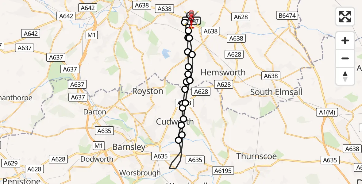 Flight path map showing Air Ambulance Helicopter route from YAA Nostell Helicopter Port to YAA Nostell Helicopter Port