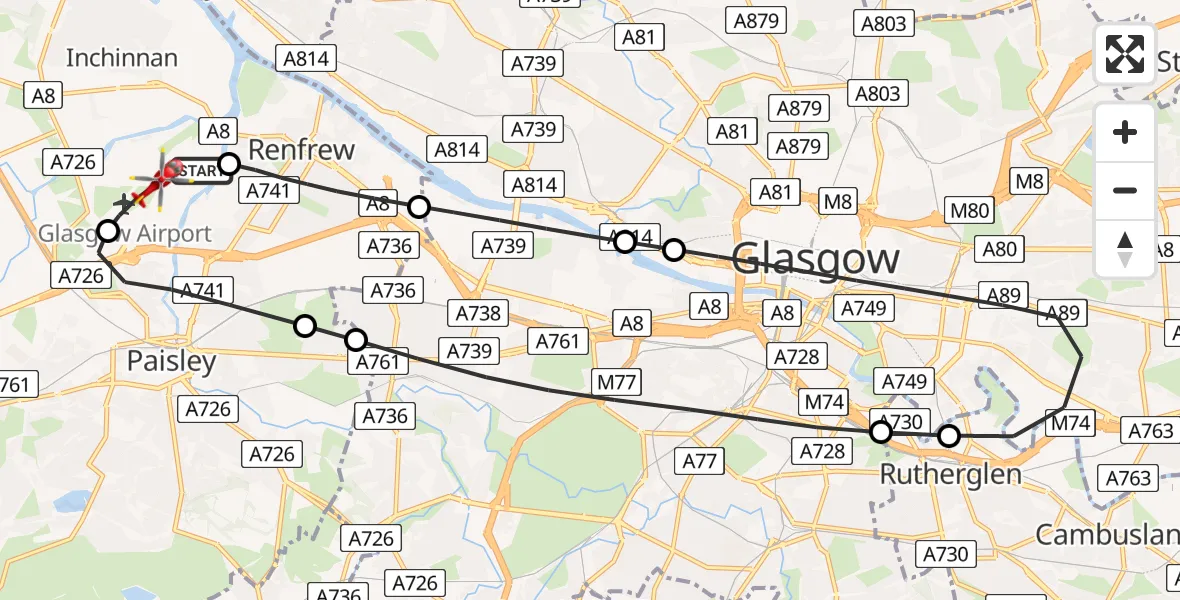 Flight path map showing Air Ambulance Helicopter route from Glasgow Airport to Glasgow Airport