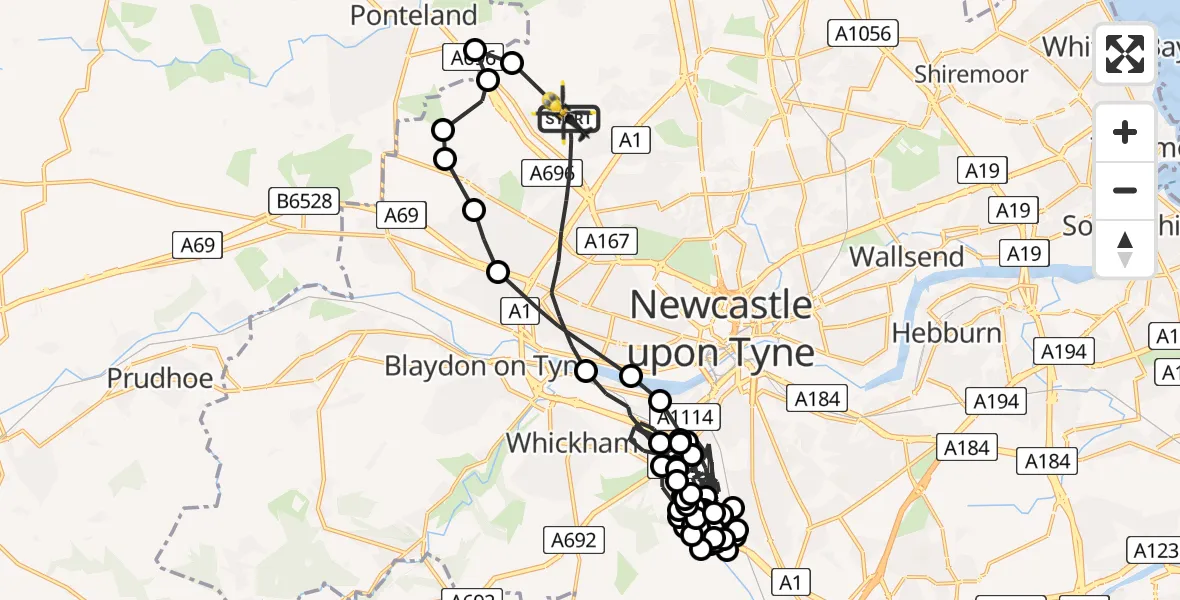 Flight route map: Police Helicopter to Newcastle upon Tyne, Eagle Close