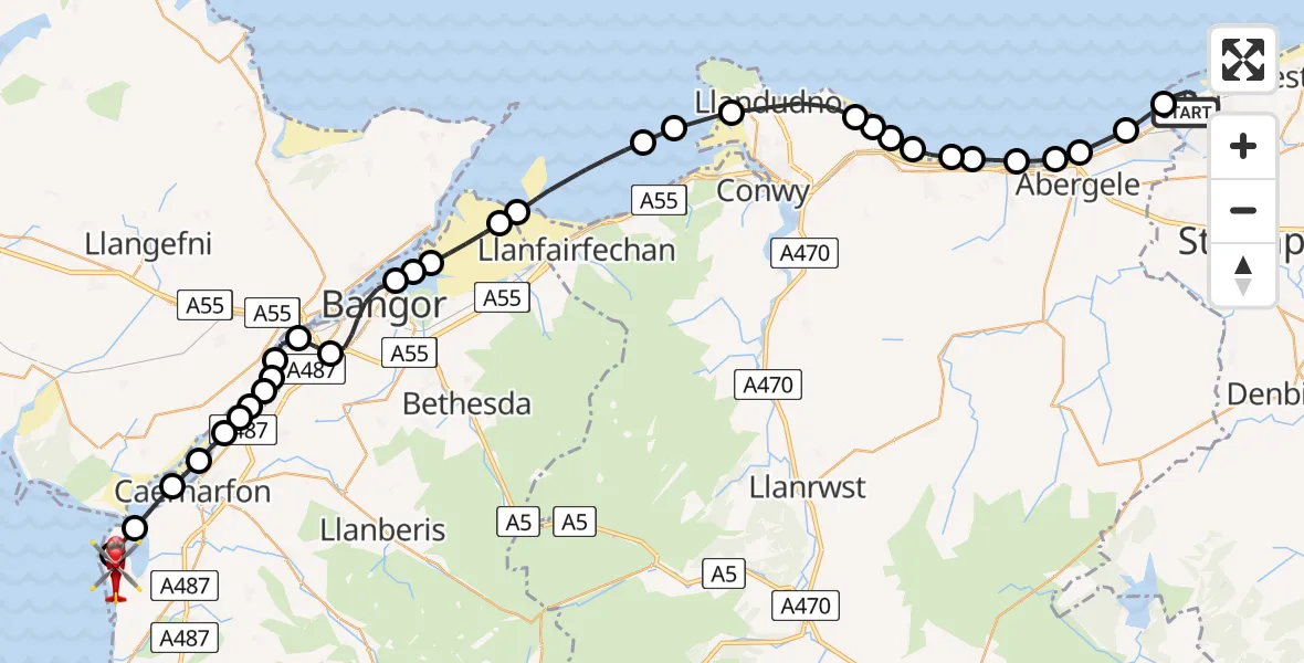 Flight route map: Air Ambulance Helicopter to Caernarfon Airport, Caernarfon Airport