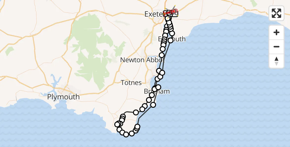 Flight path map showing Air Ambulance Helicopter route from Exeter International Airport to Exeter International Airport