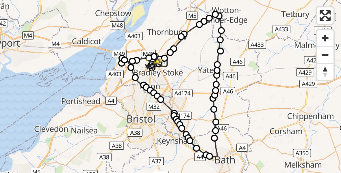 Flight route map: Police Helicopter to Almondsbury Helicopter Base, Almondsbury Helicopter Base