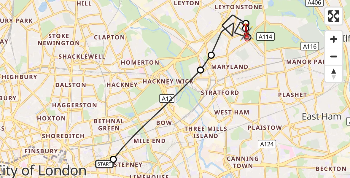 Flight route map: Air Ambulance Helicopter to London Borough of Redbridge, Harrow Road