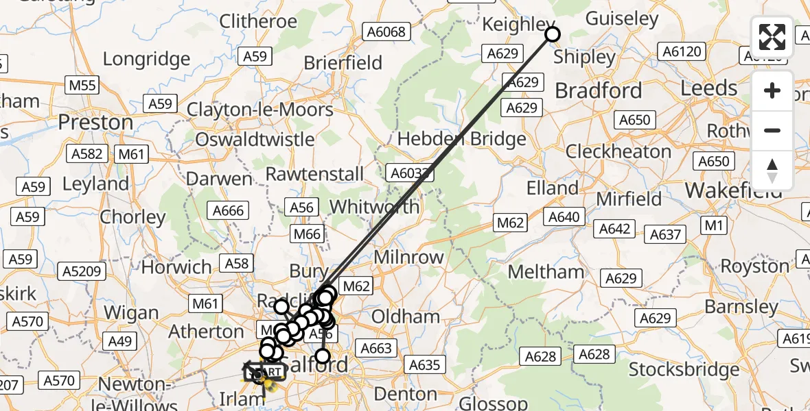 Flight route map: Police Helicopter to Manchester Barton Aerodrome, Manchester Barton Aerodrome