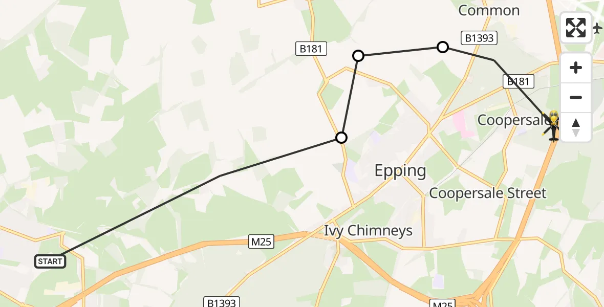 Flight route map: Police Helicopter to Coopersale, M11