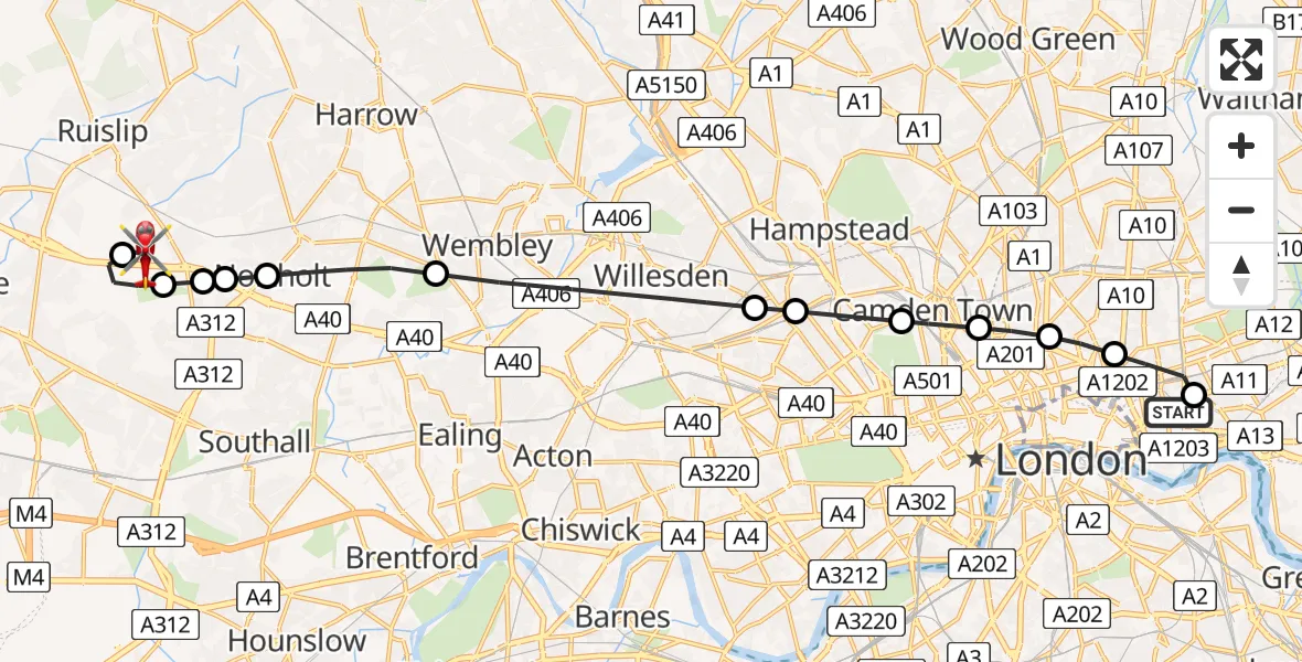 Flight route map: Air Ambulance Helicopter to RAF Northolt, RAF Northolt