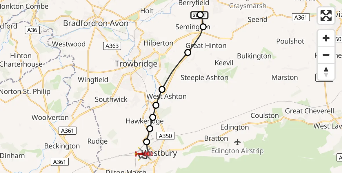 Flight route map: Air Ambulance Helicopter to Westbury, Oldfield Road