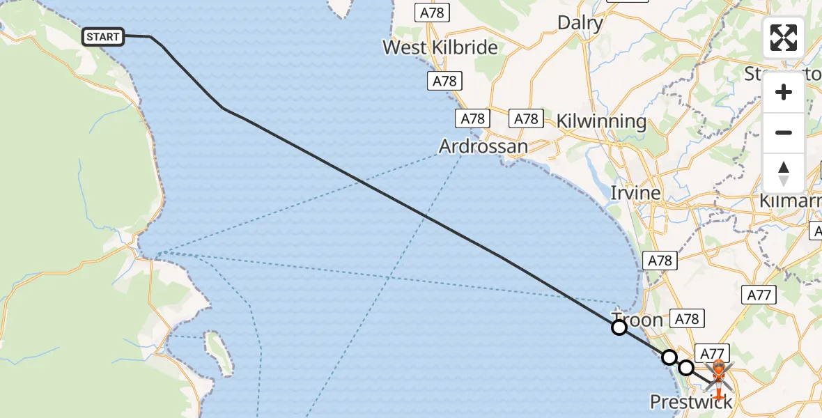 Flight route map: Coastguard Helicopter to Glasgow Prestwick Airport, Glasgow Prestwick Airport