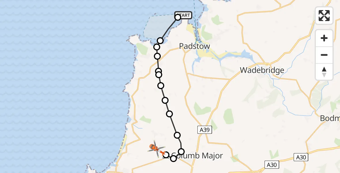 Flight route map: Coastguard Helicopter to Cornwall Airport Newquay, Cornwall Airport Newquay