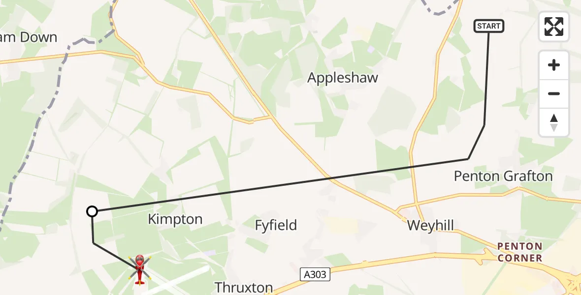 Flight route map: Air Ambulance Helicopter to Thruxton Aerodrome, Thruxton Aerodrome