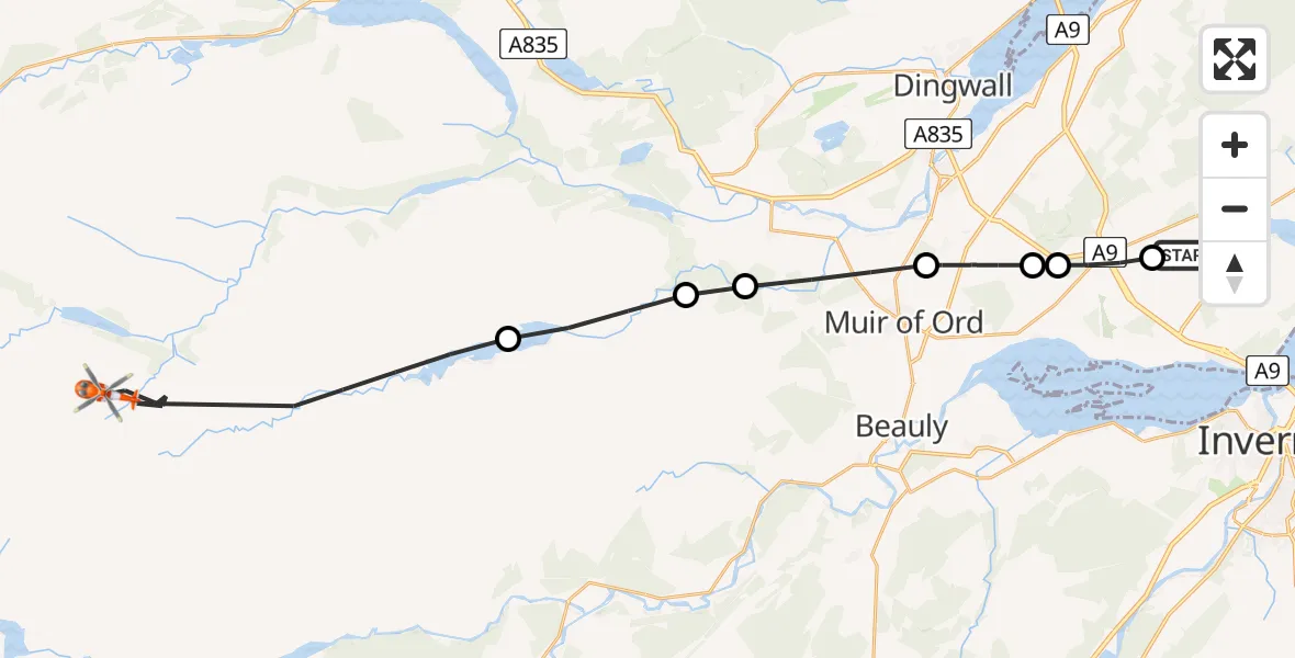 Flight route map: Coastguard Helicopter to Orrin Reservoir, Cotterton Road