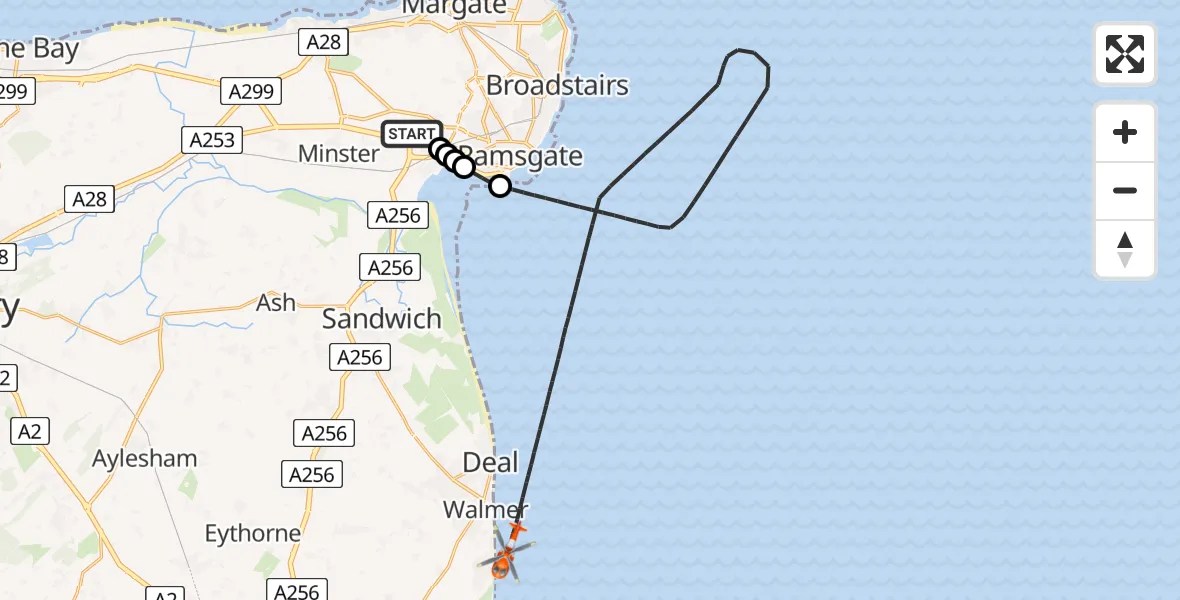 Flight route map: Coastguard Helicopter to North Sea, North Sea