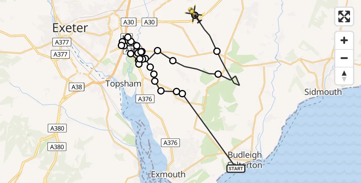 Routekaart van de vlucht: Police Helicopter to Rockbeare, Silver Lane