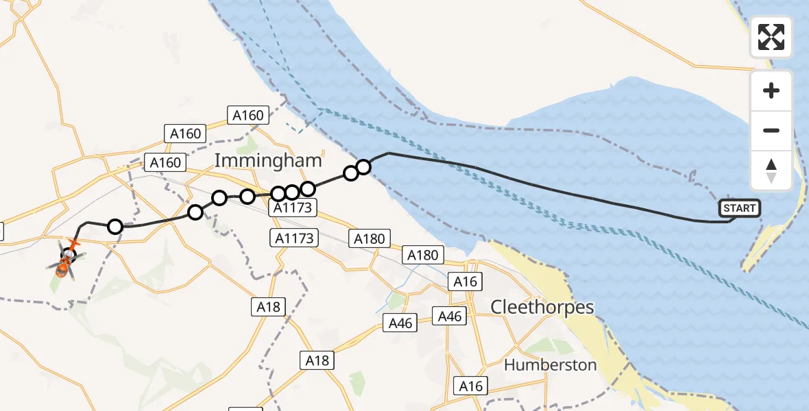 Flight route map: Coastguard Helicopter to Humberside Airport, Humberside Airport