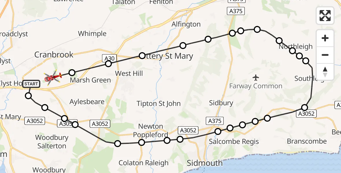 Flight path map showing Air Ambulance Helicopter route from Exeter International Airport to Exeter International Airport