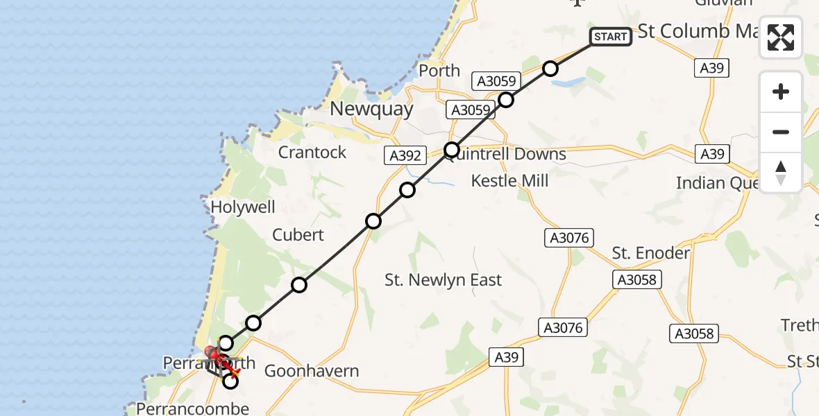 Flight route map: Air Ambulance Helicopter to Perranporth, Station Road