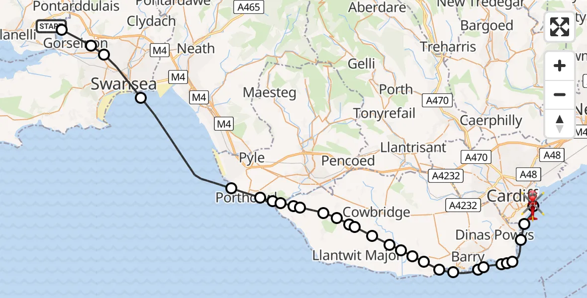 Routekaart van de vlucht: Air Ambulance Helicopter to Cardiff Heliport, Cardiff Heliport