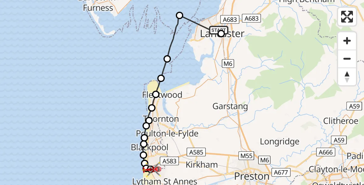 Flight route map: Air Ambulance Helicopter to Blackpool Airport, Blackpool Airport