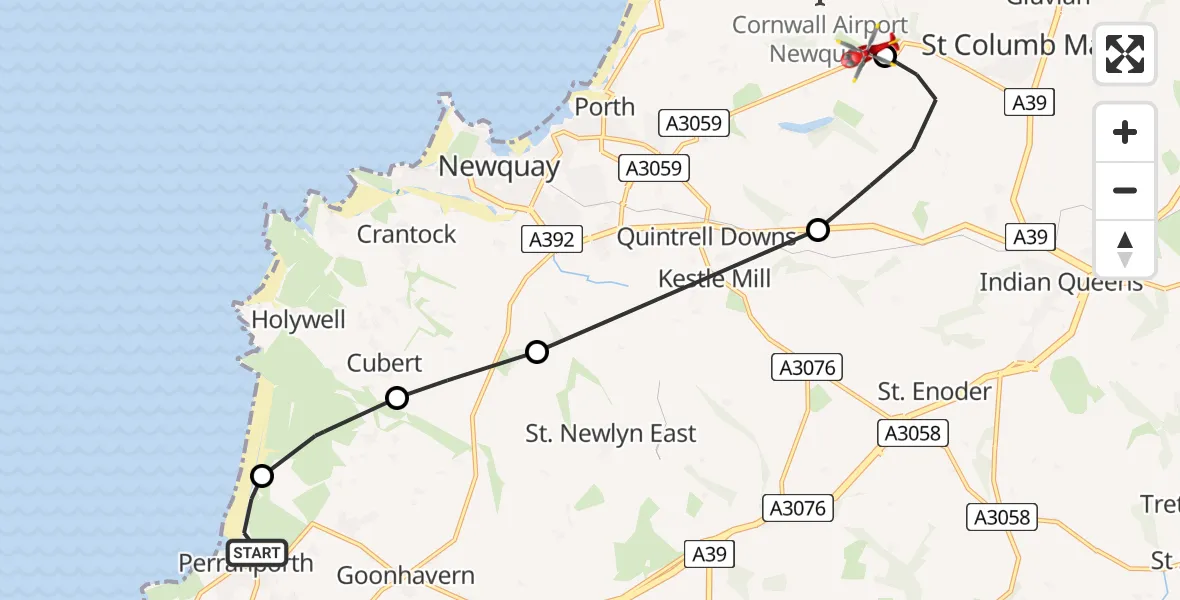 Routekaart van de vlucht: Air Ambulance Helicopter to Cornwall Airport Newquay, Cornwall Airport Newquay