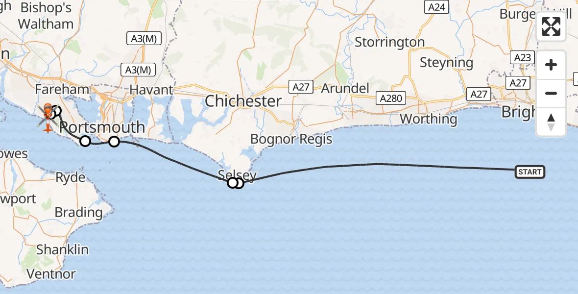 Flight route map: Coastguard Helicopter to Solent Airport, Solent Airport