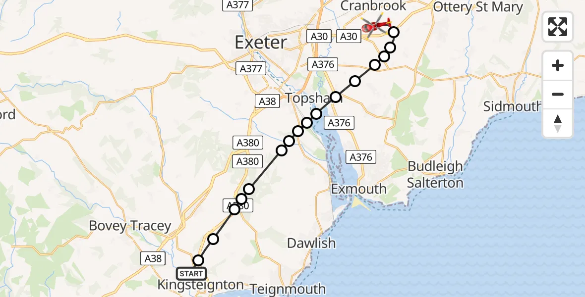 Flight route map: Air Ambulance Helicopter to Rockbeare, Silver Lane