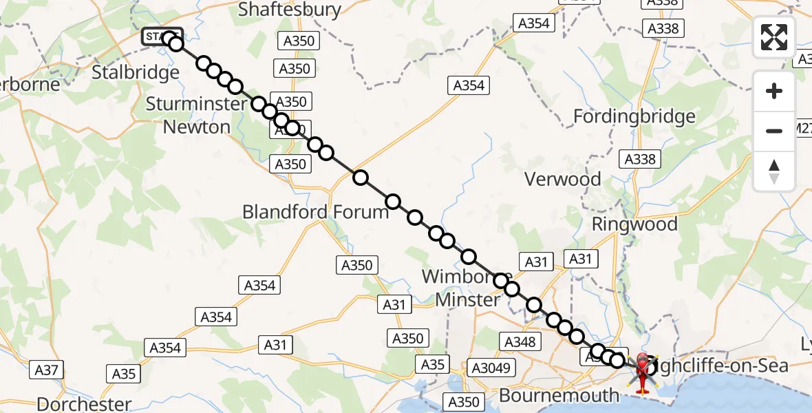 Flight route map: Air Ambulance Helicopter to Christchurch, Magdalen Lane