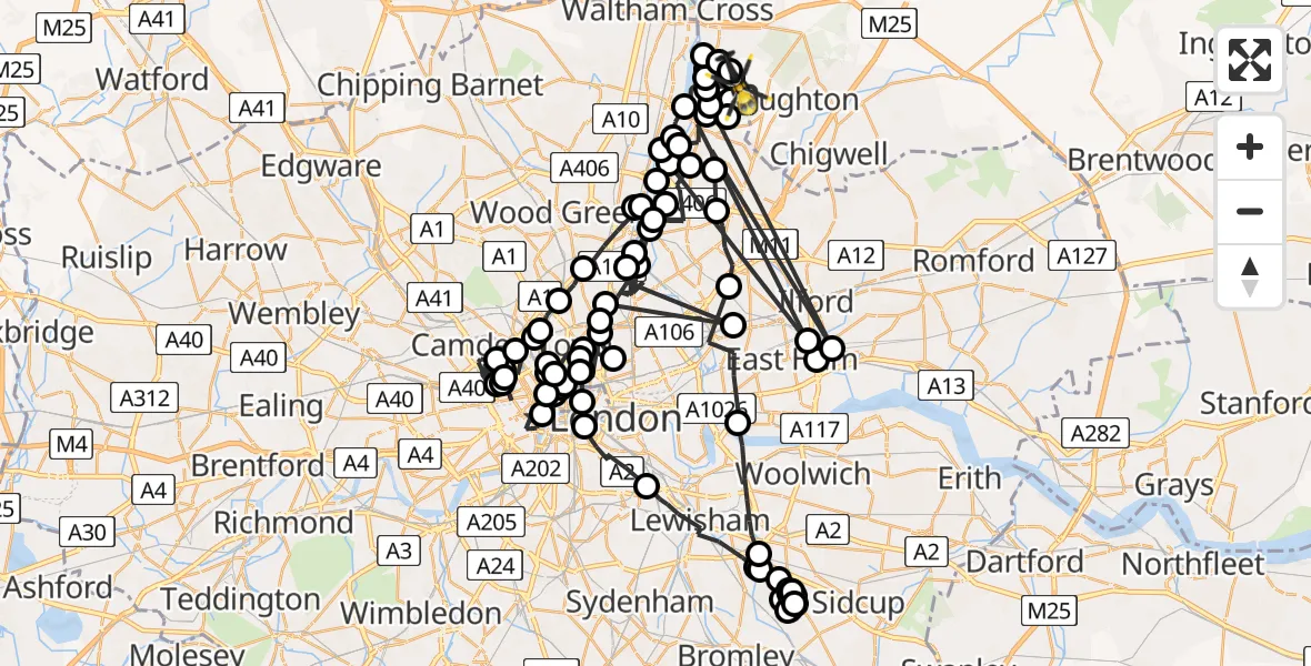 Flight route map: Police Helicopter to Metropolitan Police Air Support Unit Lippitts Hill, Metropolitan Police Air Support Unit Lippitts Hill